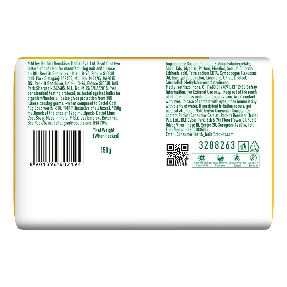 Dettol Lime Cool Bathing Soap Bar with 2x Menthol (600g)- Pack of 8