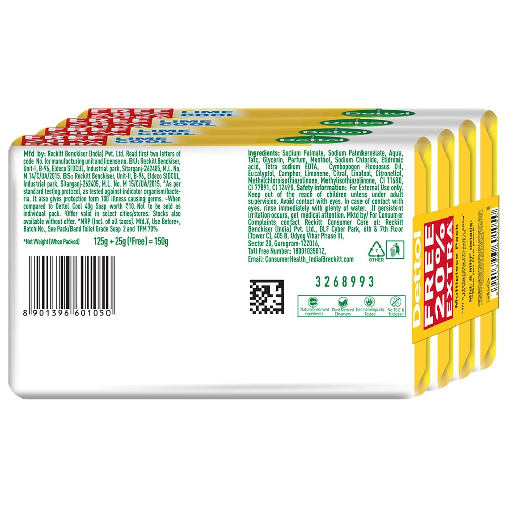 Dettol Lime Cool Bathing Soap Bar with 2x Menthol (600g)- Pack of 8