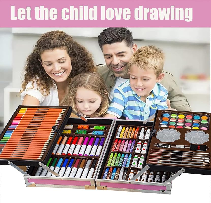 Deluxe Art Set Box & Drawing Kit with Crayons, Oil Pastels, Colored Pencil Deluxe Gift Art (145 Pcs Art Set-Pink)