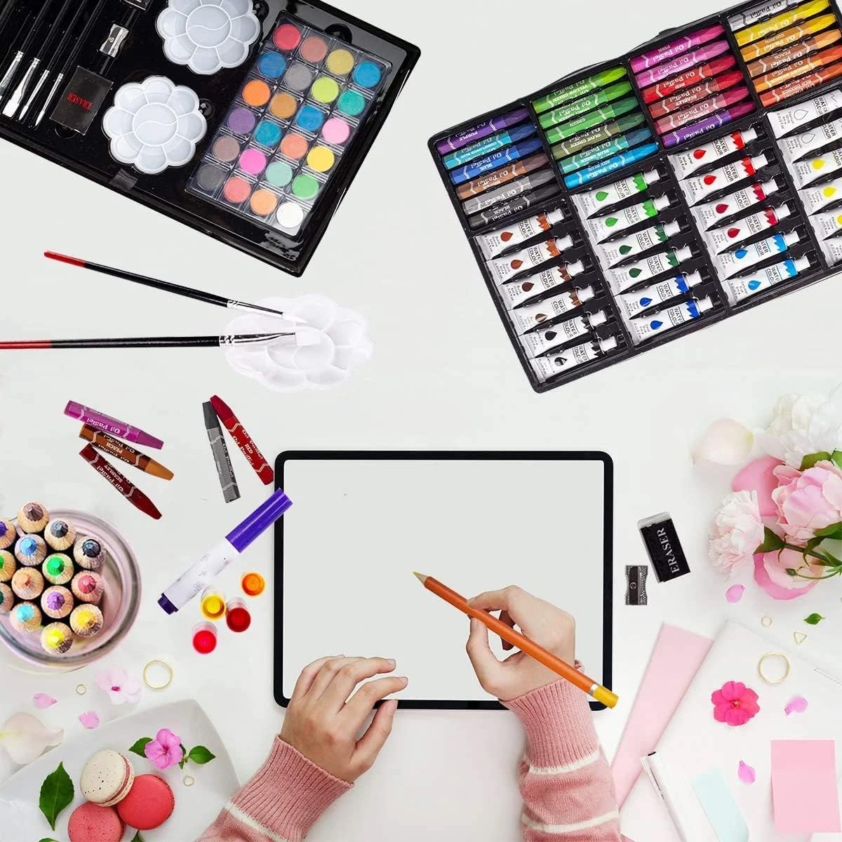 Deluxe Art Set Box & Drawing Kit with Crayons, Oil Pastels, Colored Pencil Deluxe Gift Art (145 Pcs Art Set-Pink)