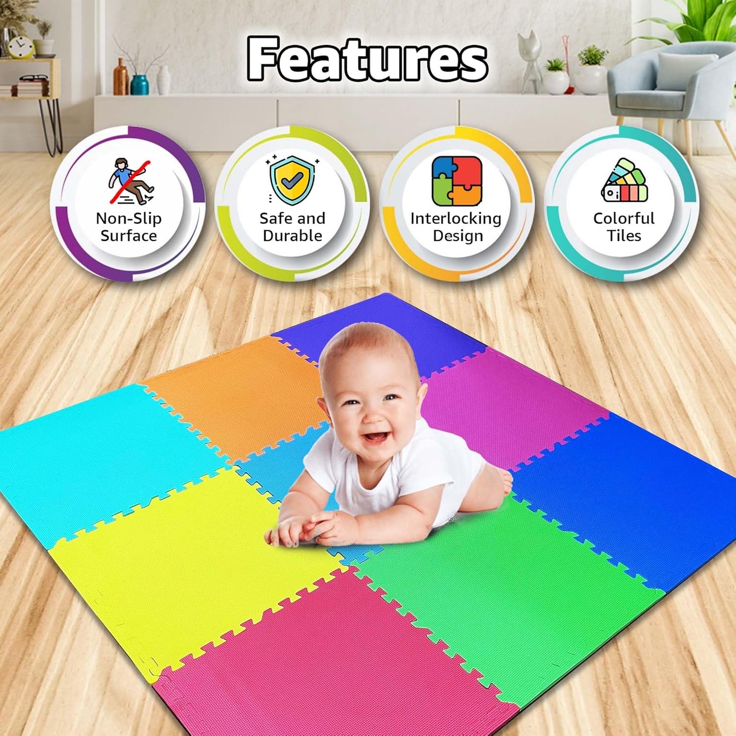 EVA Interlocking Play Mat -12 mm Thick | Kids mats for floor - Set of 16 Tiles (Multicolour)