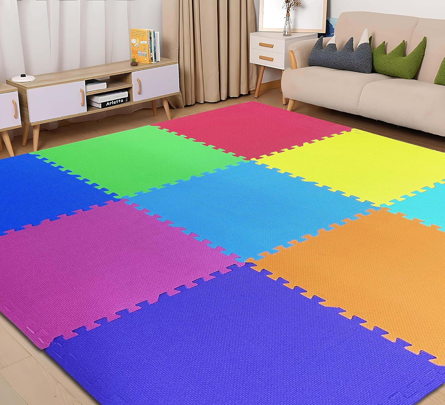 EVA Interlocking Play Mat -12 mm Thick | Kids mats for floor - Set of 16 Tiles (Multicolour)