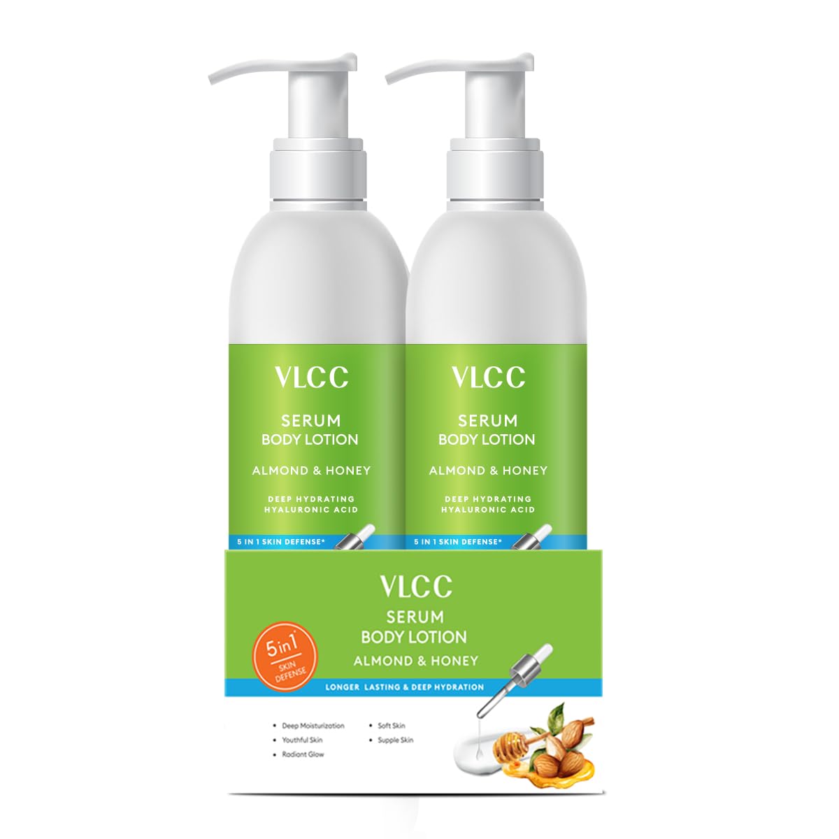 VLCC Almond & Honey Serum Body Lotion - 300ml + 300ml Combo | Buy 1 Get 1 | Deep Hydrating with Hyaluronic Acid, Cocoa Butter, Niacinamide, for Radiant, Youthful Skin, Non-Greasy Formula