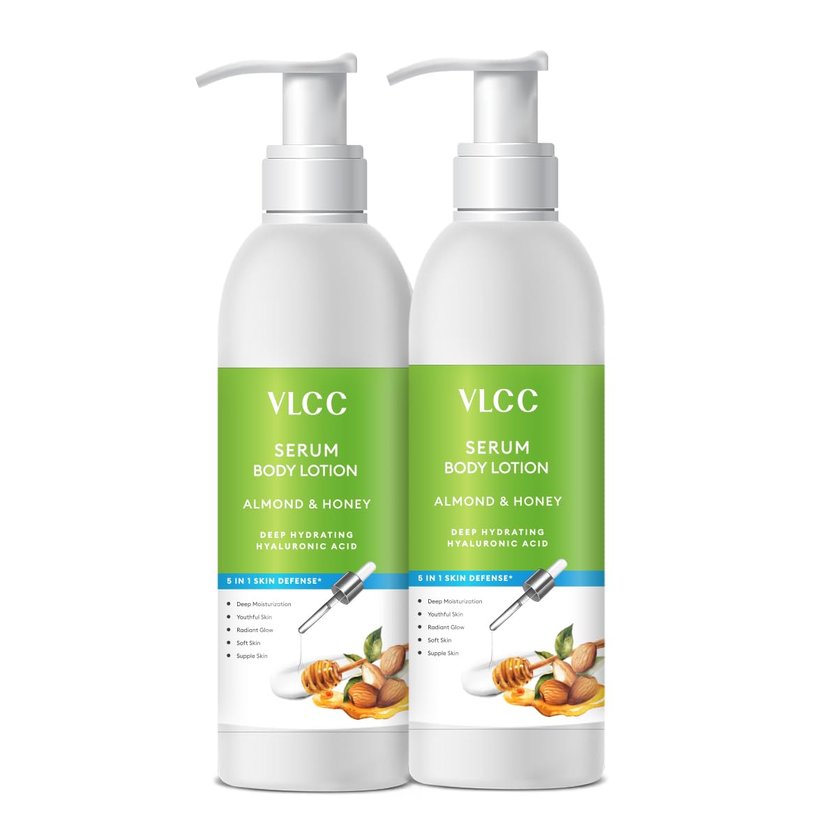 VLCC Almond & Honey Serum Body Lotion - 300ml + 300ml Combo | Buy 1 Get 1 | Deep Hydrating with Hyaluronic Acid, Cocoa Butter, Niacinamide, for Radiant, Youthful Skin, Non-Greasy Formula