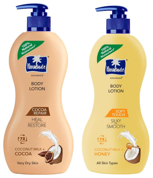 Parachute Advansed Soft Touch Body Lotion for Women & Men, All Skin types, 400ml |72h Moisturisation & Parachute Advansed Cocoa Repair Body Lotion, Intense Moisture, 400ml