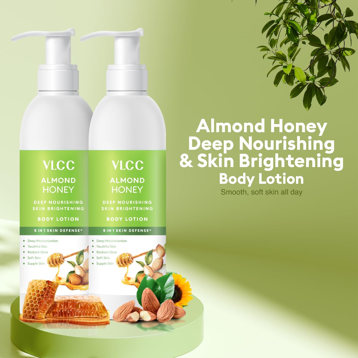 VLCC Almond & Honey Serum Body Lotion - 300ml + 300ml Combo | Buy 1 Get 1 | Deep Hydrating with Hyaluronic Acid, Cocoa Butter, Niacinamide, for Radiant, Youthful Skin, Non-Greasy Formula