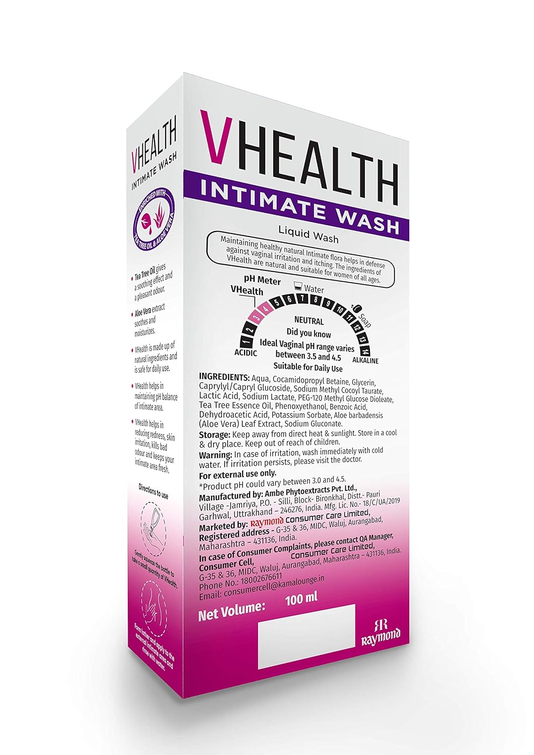 VHealth Intimate Hygiene Liquid Wash with Tea Tree Oil & Aloe Vera, Prevents Dryness, Itchiness & Irritation, Bad Odour, Balances PH, Paraben/Sulfate Free, Clear, 100 ml Pack of 2