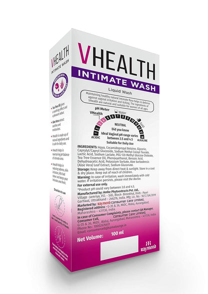 VHealth Intimate Hygiene Liquid Wash with Tea Tree Oil & Aloe Vera, Prevents Dryness, Itchiness & Irritation, Bad Odour, Balances PH, Paraben/Sulfate Free, Clear, 100 ml Pack of 2