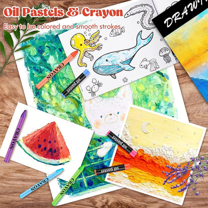 Deluxe Art Set Box & Drawing Kit with Crayons, Oil Pastels, Colored Pencil Deluxe Gift Art (145 Pcs Art Set-Pink)
